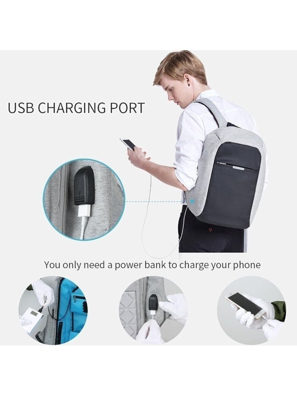 Anti Theft Backpack Laptop Travel Hidden Zipper/USB Charging Port Computer Bag